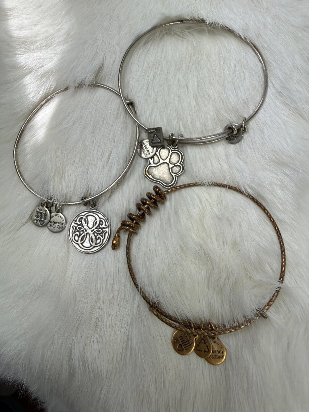 Set of Three Alex & Ani Bangle Bracelets Paw, Snake & Symbols